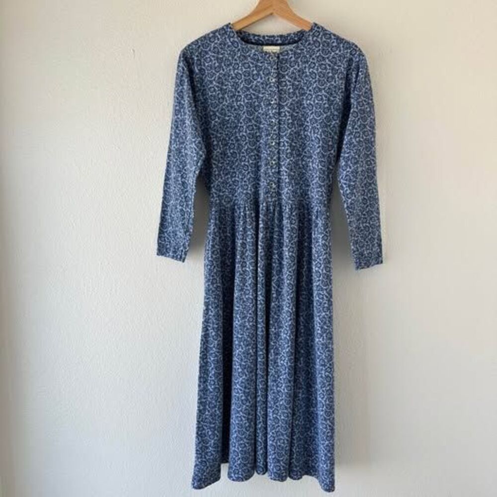 Vintage 90s L.L.Bean Blue Floral Midi Dress Women’s 10 Henley Cottagecore